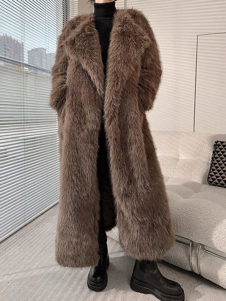 ZADORIN Super Long Outerwears Coat Lapel Coffee Overcoat Fluffy Faux Fur Jacket Winter Clothes Women 2024