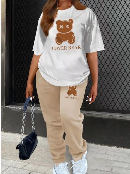 LW Plus Size Two Piece Lover Bear Skull Head Letter Print Pants Set Pullover Short Sleeve Tee Sporty Trousers 2PC Activewears 240307