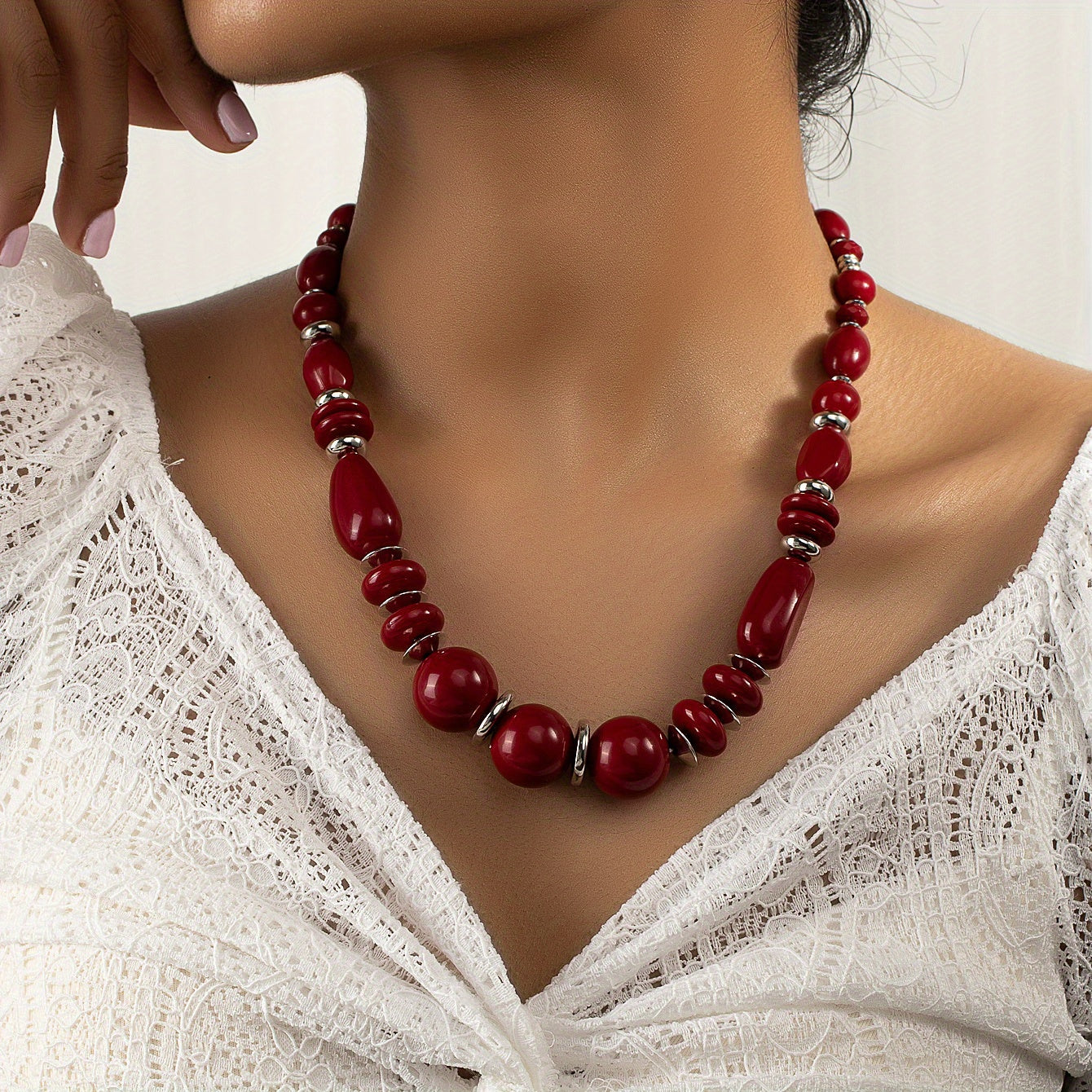 TEMU 1 Bohemian Luxury Minimalist Red Irregular Beaded Necklace - Perfect For Vacation, Parties, And Casual Attire