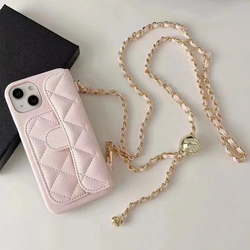 Crossbody Designer Phone Case for Apple iPhone 16 15 14 13 12 Luxury CF Leather Chains Card Holder Strap Velvet Lining Hard Shell Back Cover Coque F