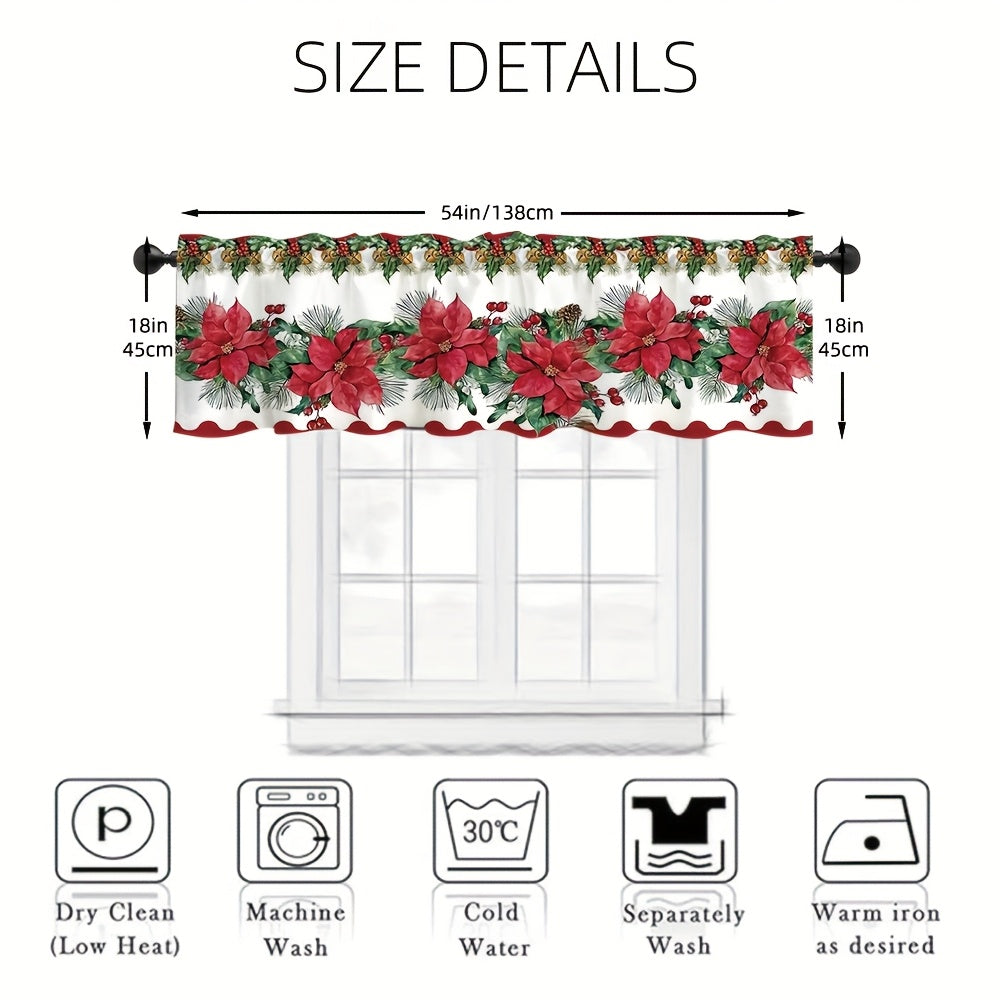 TEMU Flower Theme Window Curtain, Red Poinsettia Plant Flower Pattern Printed Farmhouse Window Curtain, Modern Style, Suitable For Coffee Shop Living