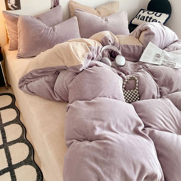 2x2.3M Lavender and Beige Bedding Set 4pcs Soft Flannel Dual-Tone Comforter