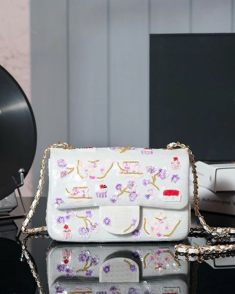 Top Quality Sequins Floral Classic Flap Bags 1:1 Mirror Designer Purple Sequin Beaded CF Dinner Handbag Gold Hardware Chains Shoulder Bags W
