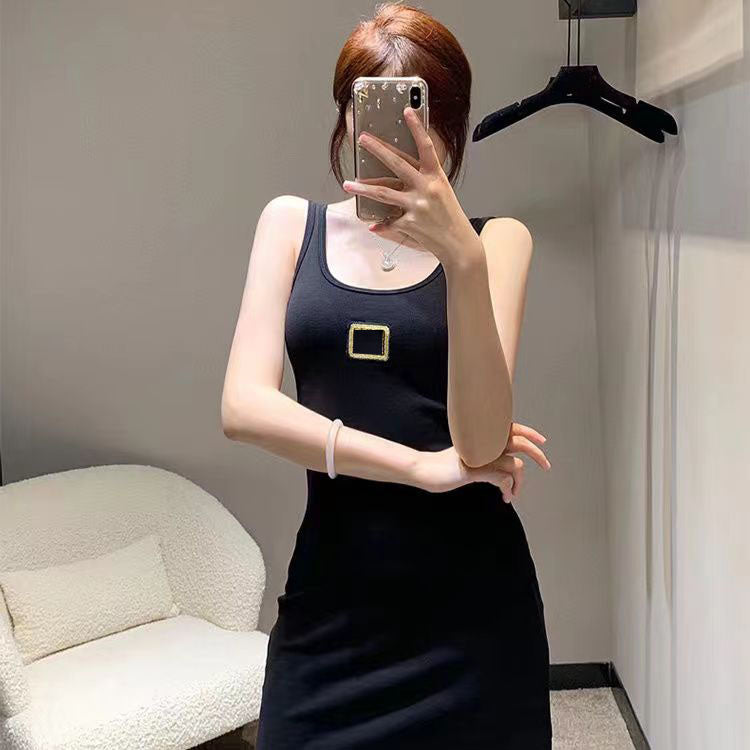 Woman Casual Dresses Long Sleeveless Dress Summer Girl Camisole Skirts Knee-Length Womens Designer Skirt Dress Slit Skirt Party Slim Bottoms Dress A