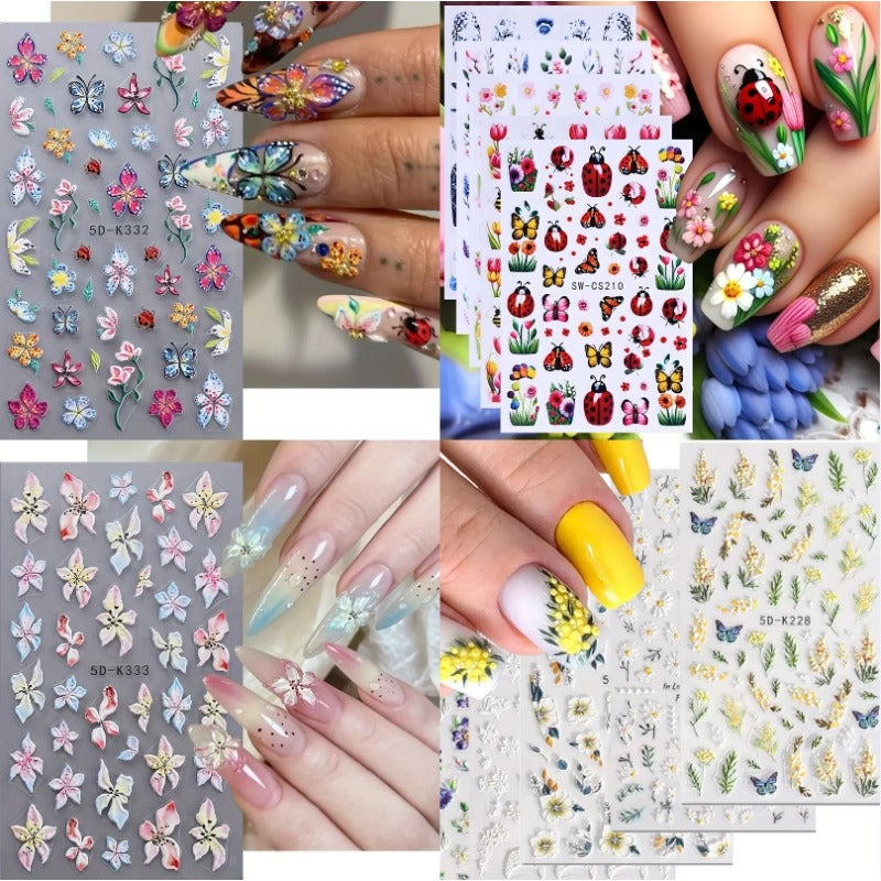 TEMU 13pcs 5d Embossed Daisy & Nail Art Stickers - Vibrant Floral & Leaf Designs, Self-adhesive Acrylic Decals With Semi- For Easy Diy Manicure, Nail