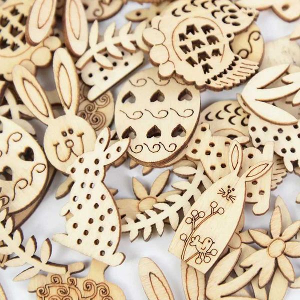 50-100 Happy Easter Rabbit Eggs Wooden Craftsmanship Easter Decoration Home Party DIY Wooden Chip Hanging Decoration Natural Handicrafts W24