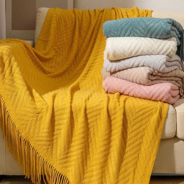 Textile City Ins American Retro Tassel Knitted Throw Blanket Home Decoration Sofa Cover Plain Jacquard High Quality Acrylic Warm BlanketX240