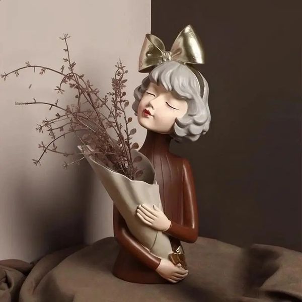 Modern Bouquet Girl resin statue flower vase romantic desktop art decoration exquisite Bouquet Girl vase home decoration gift 240731