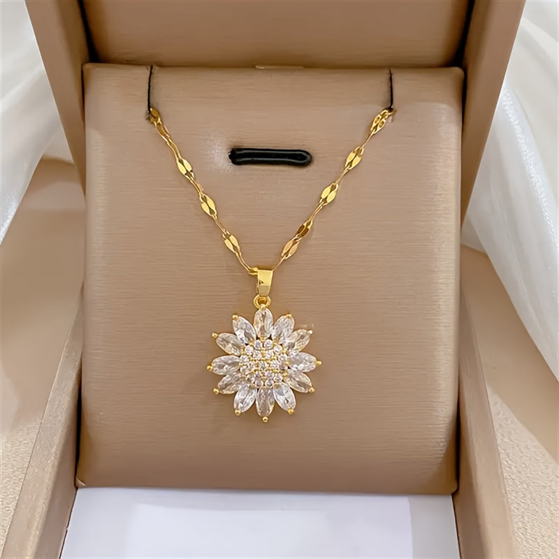 TEMU Titanium & Copper Sunflower Pendant Necklace With Sparkling Crystals - Elegant Bone Chain Jewelry For Women, Durable Casual Attire & Gift For