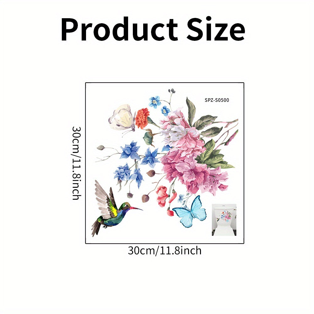TEMU 1pc Vibrant Hummingbird & Floral Toilet Tank Sticker - Self-adhesive, , Single-use Bathroom Decal With Colorful Flowers & Butterflies,