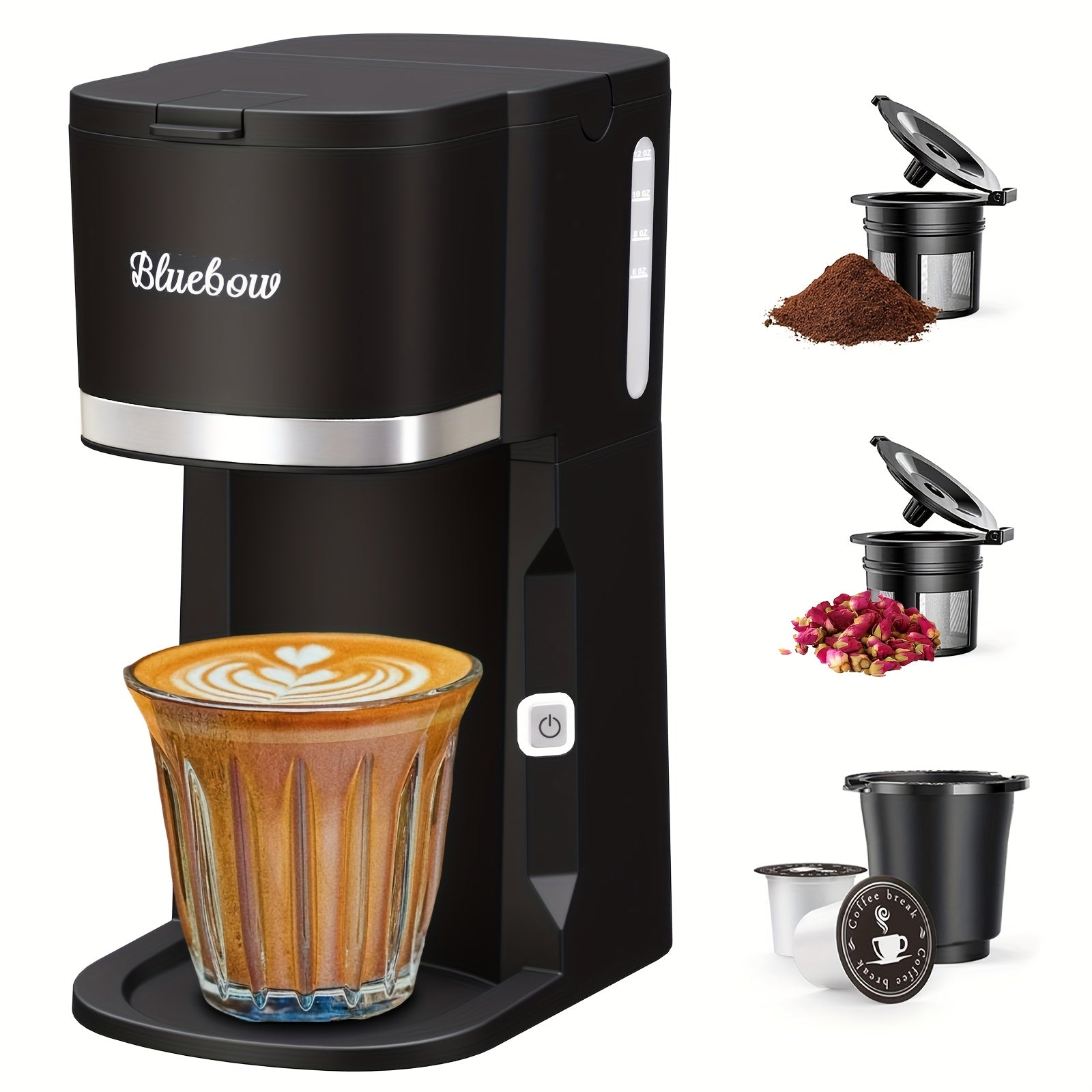 TEMU Bluebow Hot & Iced Coffee Maker, 3 In 1 Single Serve Brew Cup, Ground , Iced Tea Maker, 6-12oz Brew Size, Black