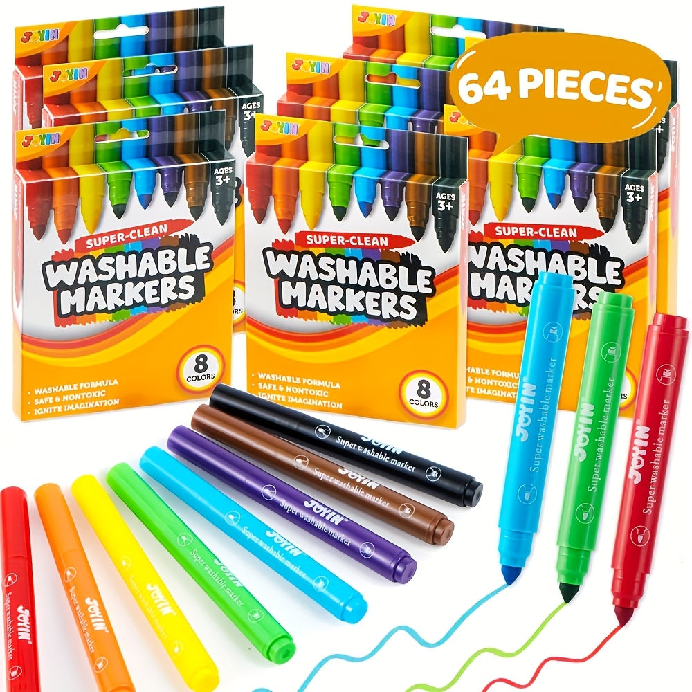 TEMU 64 Count Washable Marker Set, 8 Assorted Colors, Individual Pack Of 8, Non-toxic Markers For Kids Ages 3+, School Supplies, Birthday Gifts For