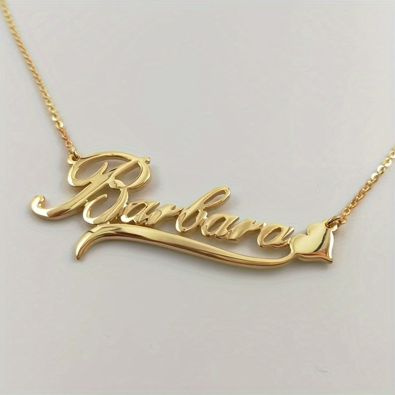 TEMU Personalized Name Necklace With Heart Charm - Golden-tone Stainless Steel Custom Engraved Pendant, Elegant Cursive Script Jewelry Gift For Her,
