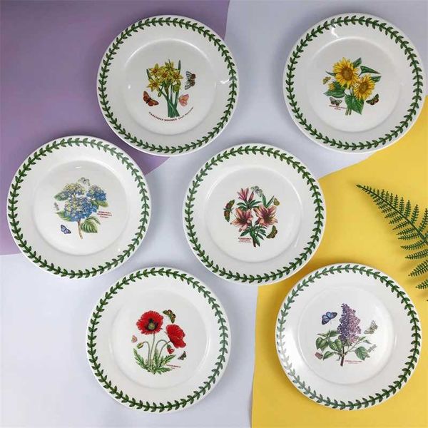 Nordic Ceramic Plate Pastoral Style Round Plant and Flower Tableware Household Steak Dessert Decorative Plate Kitchen Tableware Y250208
