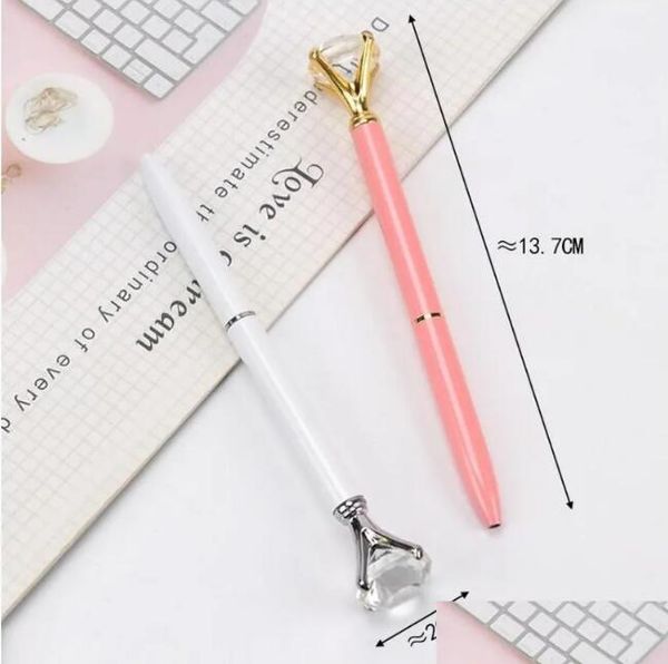wholesale Ballpoint Pens Wholesale 1Pc Big Diamond Crystal Pen Gem Ring Office Metal Roller Ball Black Rose Gold Sier Pink Drop Delivery Sch