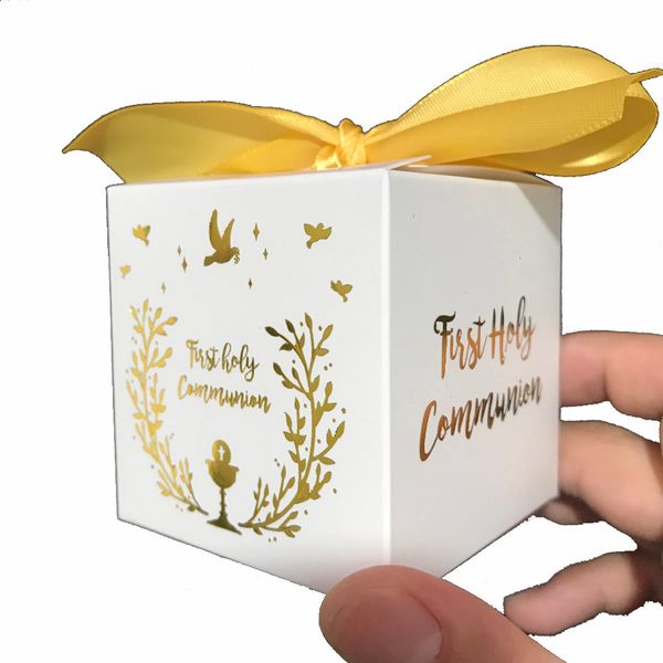 Gift Wrap Kids Boy Girl First Holy Communion Party Favor Bronzing Mini Candy Box White Square 6cm Folded 20-50-100pcs 230828