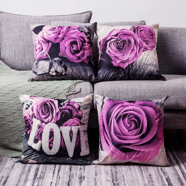 Valentines Day pink rose flower linen pillowcase sofa cushion cover home decoration can be customized for you 40x40 50x50 60x60 250109