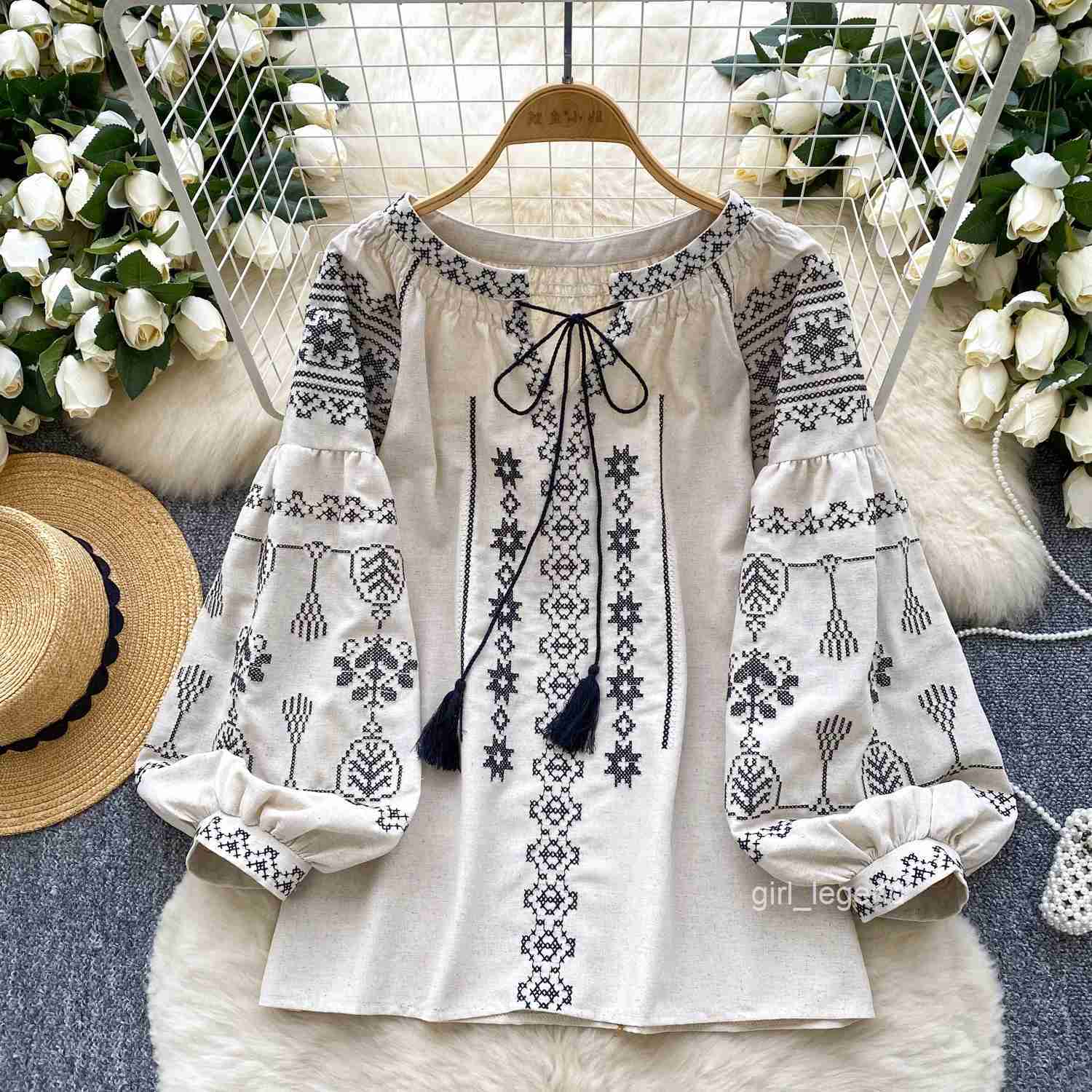 Embroidery Blusas Mujer Boho Beach Woman Shirts Blouses O-neck Lace-up Camisas Spring Loose Women Clothing Contrast Ropa