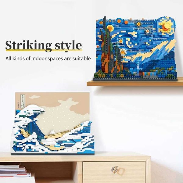 Blocks Pantasy Kanagawa Surfing Puzzle Ukiyo-E Building Block Decoration Creative Assembly Toy World Famous Painting Gift H250207