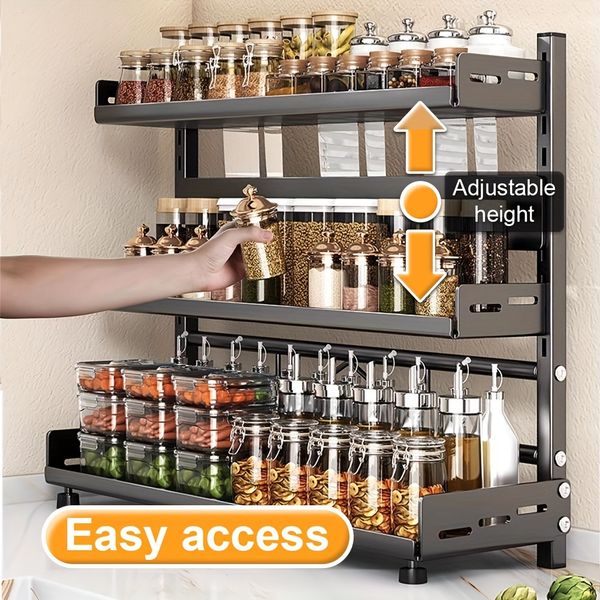3-Tier Metal Kitchen Organizer Countertop Spice Knife Rack Carbon Steel Sturdy Shelf For Utensils Coffee Bag Seasoning Jar Adjustable Height