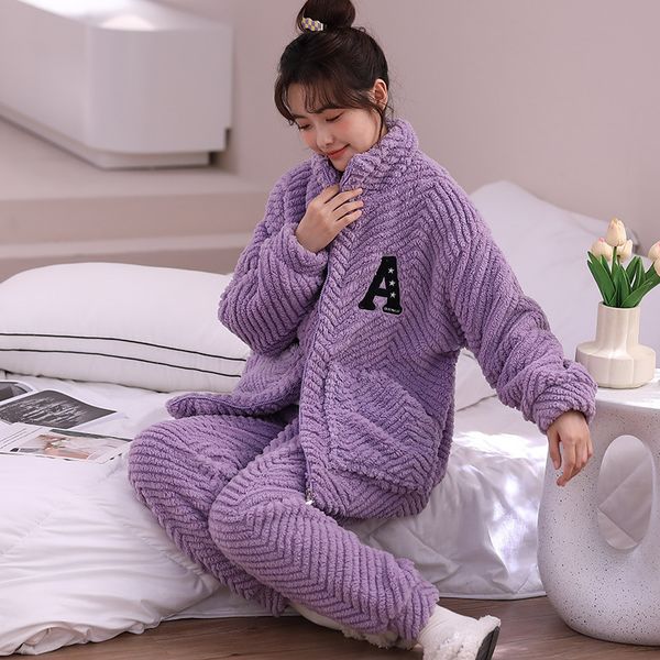 Womens Sleepwear Women Winter Warm Pajamas Set Long Sleeve Zipper Pyjama Nightwear Home Clothes Flannel Coral Fleece Pijamas Loungewear 2309