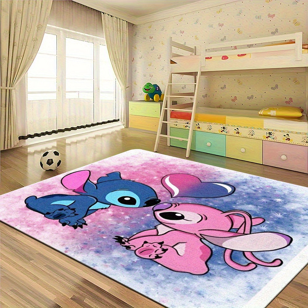 TEMU 1pc Stitch & Plush Floor Mat - Non-slip, Machine Washable Cartoon Mat, Soft Polyester Material, Pink & Blue Whimsical Design, Perfect For