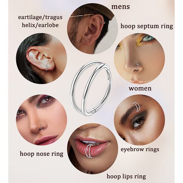 Double Hoop Nose Ring 316L Surgical Steel Nose Hoops 16G-18G Nose Piercing Jewelry Hinged Septum Clicker Lip Ring