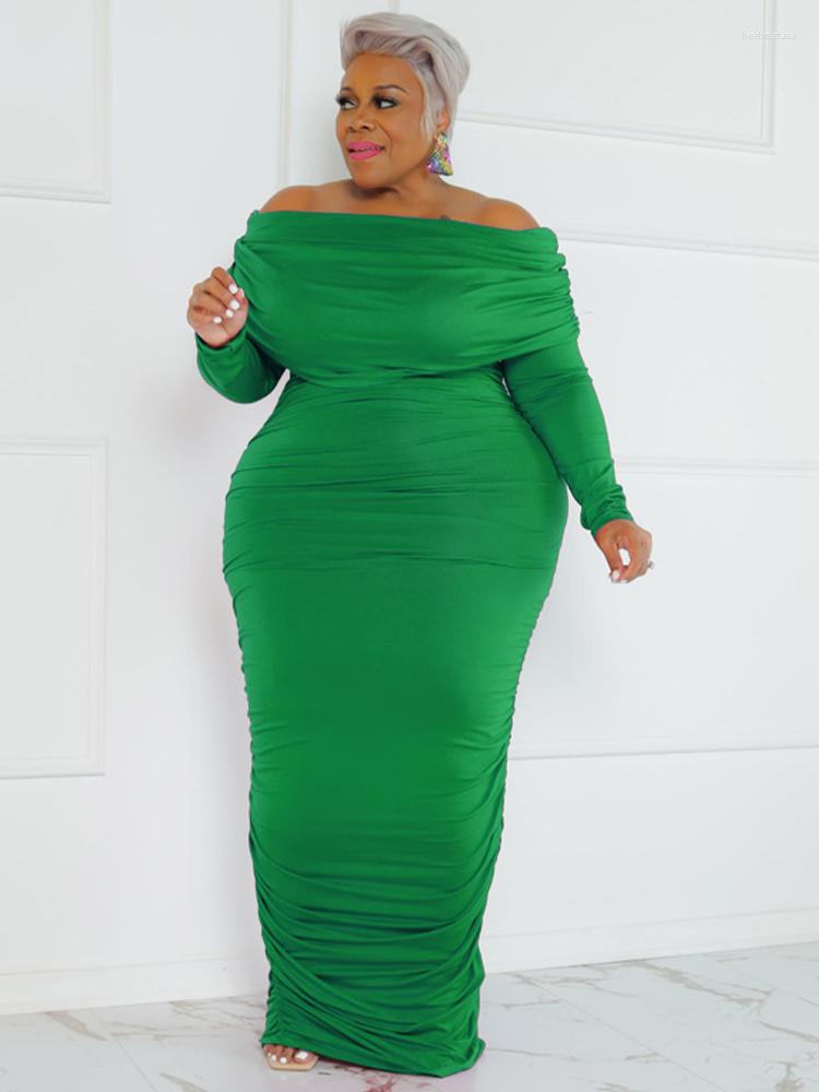 Plus Size Dresses ZJFZML ZZ Pleated Body-shaping Evening Dress Women Festival Clothing Off The Shoulder Long Sleeve Cocktail Prom