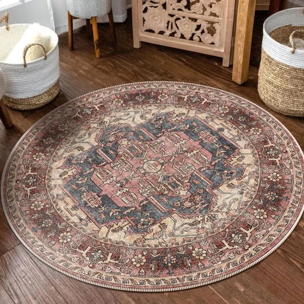 Folding machine washable retro circular living room carpet decoration coffee table bedroom plush mat fluffy carpet 240821