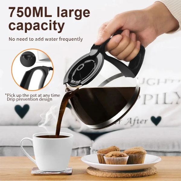 750ml Automatic Drip Coffee Maker High Capacity Italian Semiautomatic Coffee Machine Retro American Milk Tea Machine Coffee Pot