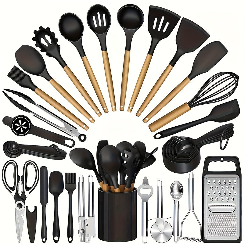 TEMU Kitchen Utensils Set - 35pcs Silicone Cooking Utensils With Rack, Heat Resistant Kitchen Utensils Shovel Set, Suitable For , In Colors Wooden