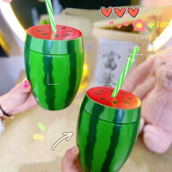 Creative Tea Milk Juice Food Grade Plastic Summer Straw Cup Drinkware Strawberry Pineapple Watermelon Water Gift Bottle 0724