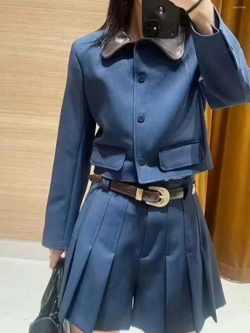 Skirts Lady Fashion 2025 Early Fall Set Dark Blue Women Leather Turn-Down Collar Short Jacket Or Pleated Shorts Skirt Suit