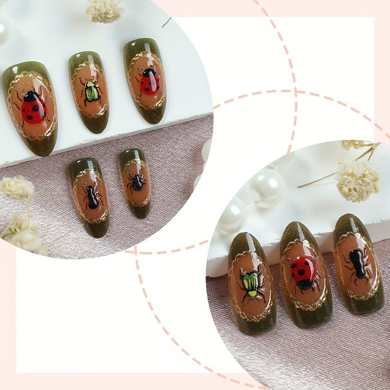 TEMU 10pcs Medium Almond Press On Nails - Reusable Full Cover False Nails With 3d (red Ladybug, , , , ) - Glossy Finish, Easy Application &
