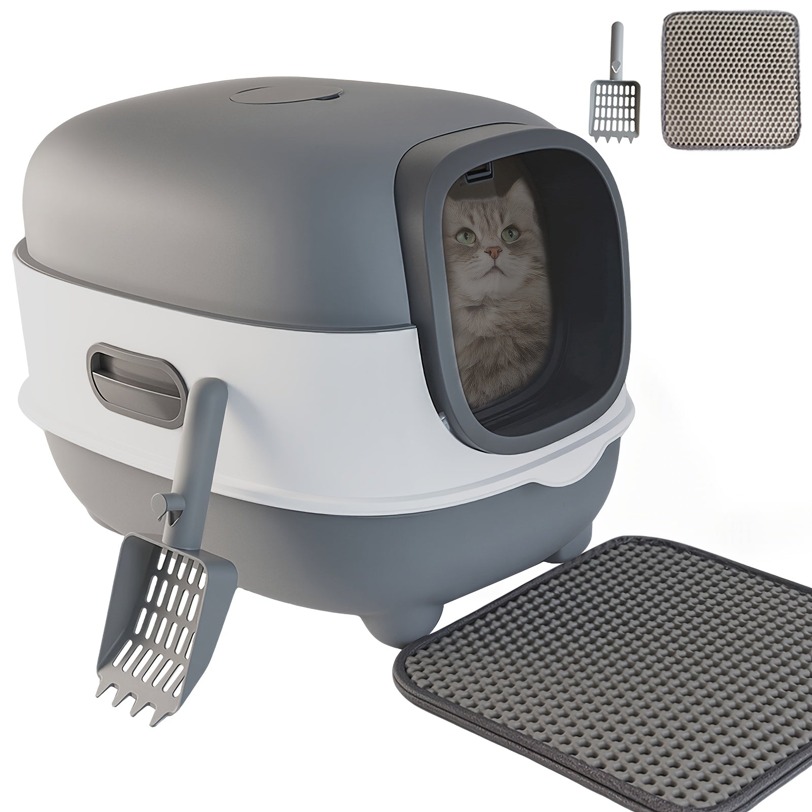 TEMU Cat Litter Box With Litter Mat And Scoop, Large Foldable Litter Box With Lid, Clamshell Exit Kitty Box, , Easy To Clean (grey)