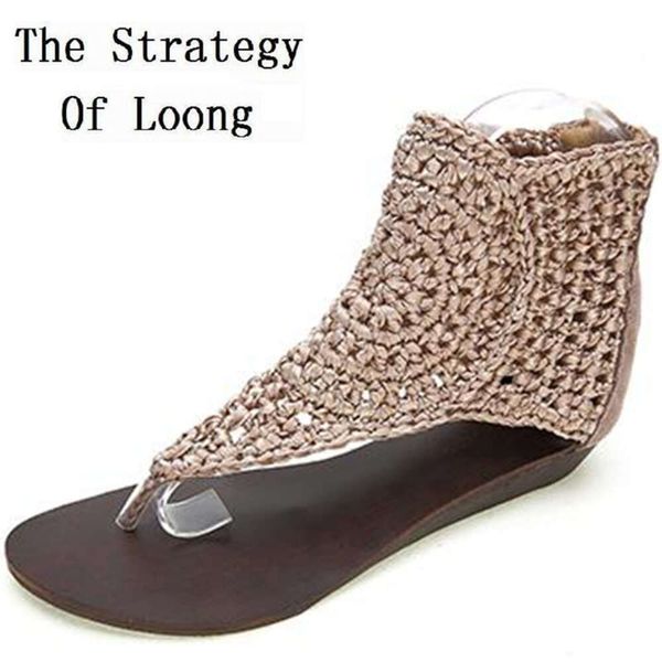 Summer New Korean Fashion Style Wedges Flip Flops Cut-Outs Genuine Leather Knitting Women High Top Gladiator Sandals 0506