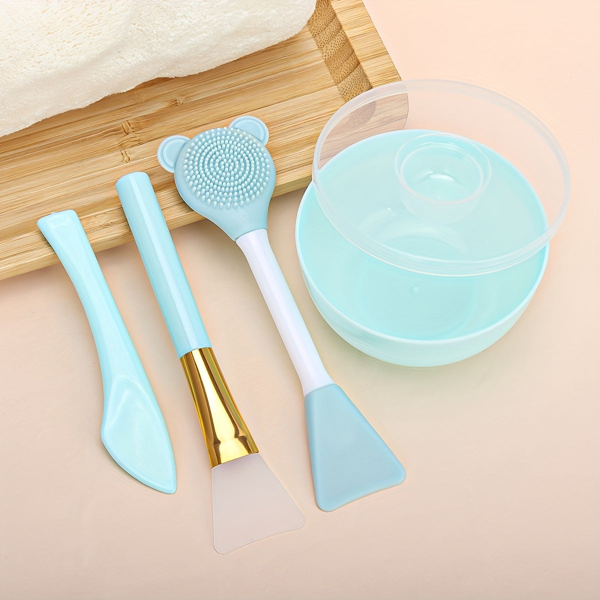 TEMU 4pcs Diy Face Mask Mixing Tool Set - Facial Brush Applicator Spatula Mask Bowl With Cover Double Head Brush Set - Tools For Mixing And Applying