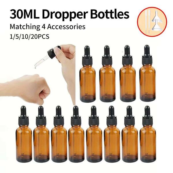5-10-20Pcs + 4 Accessories 5-10-15-20-30Ml Refillable Glass Dropper Bottle Funnels 2 Pipettes For Essential Oils And Perfumes