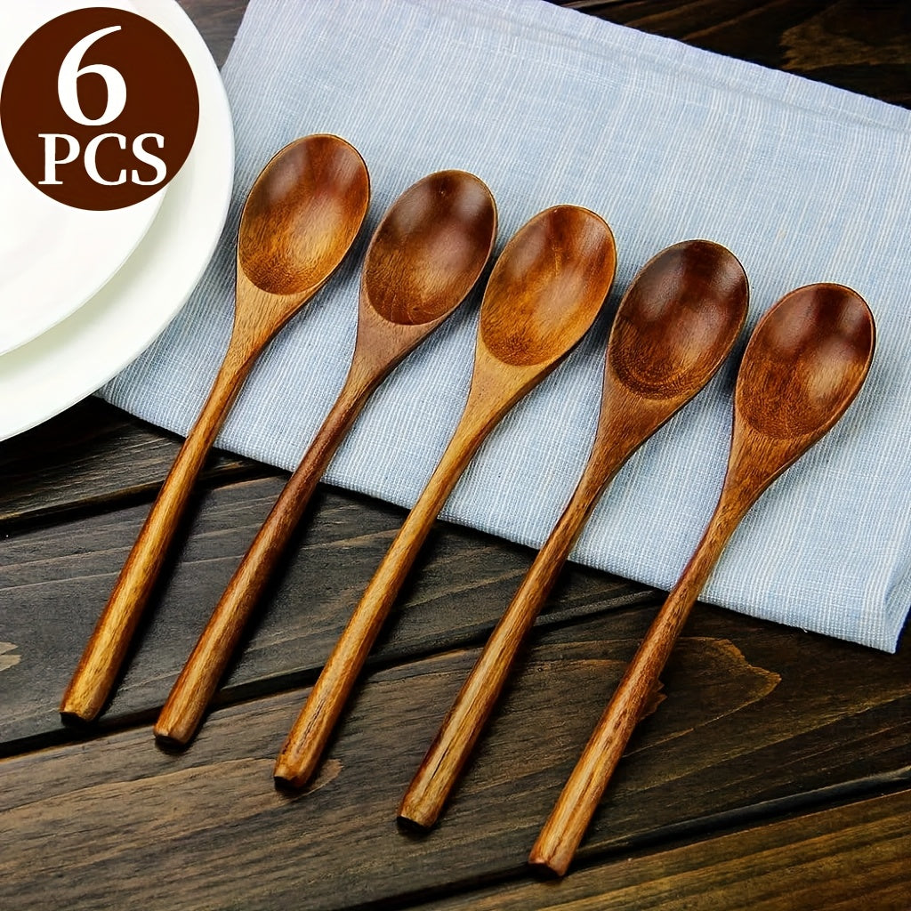 TEMU 6pcs Long Handled Wooden Spoons - 9 Inch Solid Wood Kitchen Utensils With For Cooking, Stirring, Tasting, Serving - Ideal For Home, Dinner