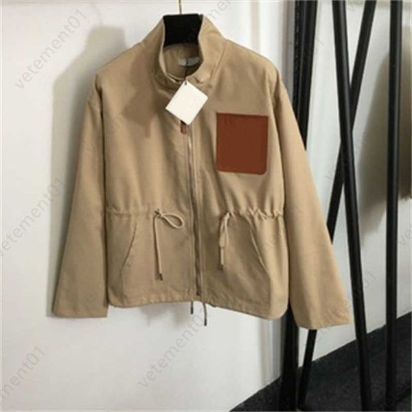 Fall Winter Coat Women Designer Jacket Chest Patchwork Logo Pocket Drawstring Waist Standing Collar Long Sleeve Zipper Jackets Womens Short