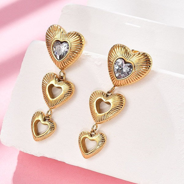 Boucles d'oreilles pendantes en forme de cœur en acier inoxydable 304 avec zircone cubique transparent
