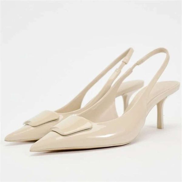 2024 Woman&#039;s Elegant Office Heels Beige Pointed Slingback Mid Heeled Sandals Women Fashion Comfortable Single Shoes Summer New