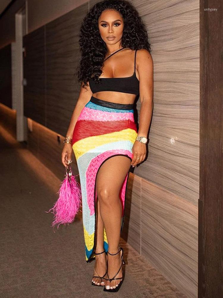 Skirts WUHE Knit Ribbed Rainbow Striped High Side Split Irregular Midi Maxi Long Skirt Prom Party Bodycon Waist Women