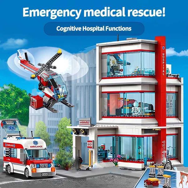 Quartos do edifício do hospital AMBANCE RESCUTO HELICOPTER BLOCOS CRIATIVOS Modelo Toys Childrens Puzzle for Kids Gifts Z250117