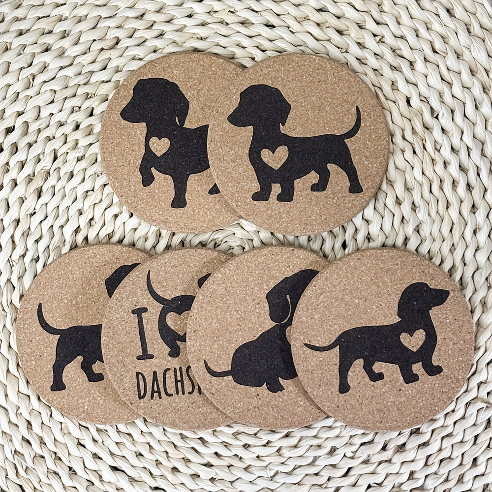 TEMU 6pcs Handcrafted Cork Coasters With Dachshund & Heart Designs - "i ♥ Dachshund" Engraved, Rustic Style Drink Mats For Mugs, Glasses, Coffee Cups