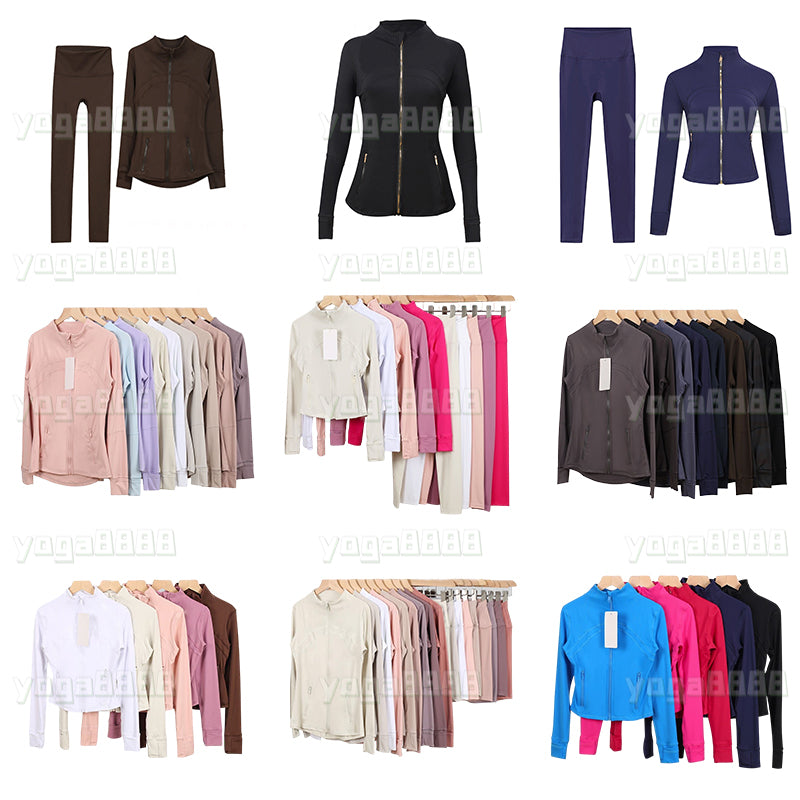 Free Shipping Womens Yoga Sets Long Clothes Sleeves Jacket Outfit Solid Color Nude Shaping Waist Fitness Jogging Sportswear Activewear Leggings Gym