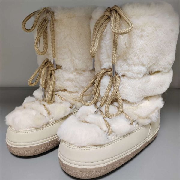 2023 Winter Snow Mid-Calf Lace-Up Rabbit Women Ski Female Brand Design Platform Waterproof Leather Fur Boots