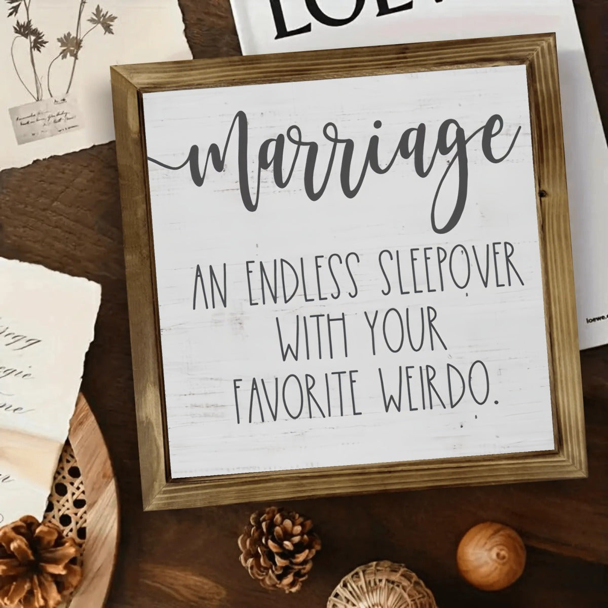 TEMU 2d Flat, 1pc Rustic Wooden Frame Wall Art Decor- 8x8 Inch Marriage: Endless Sleeping With Your Quote Sign, Home Decor Bedroom, Bookshelf, Desk-
