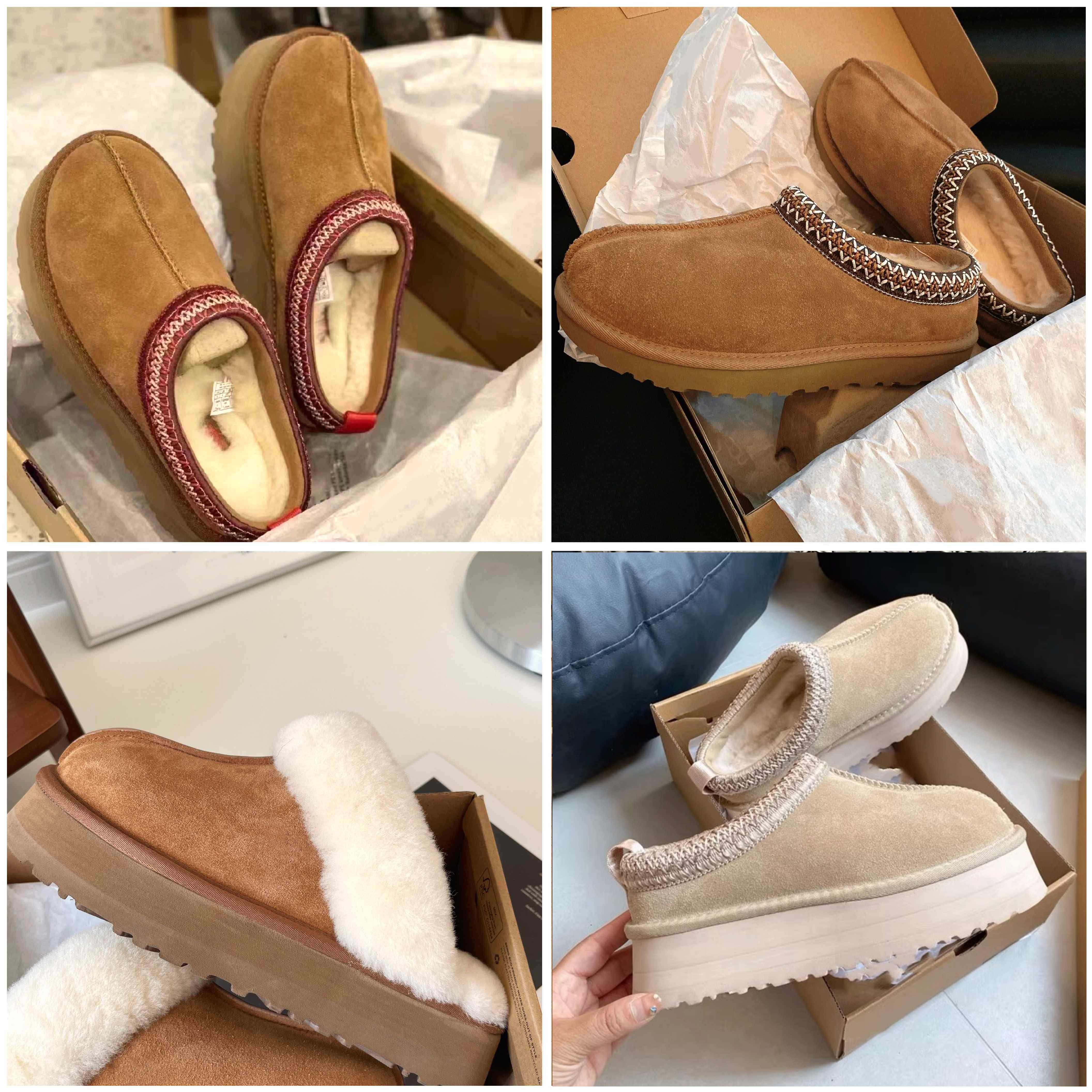 uggssneaker slippers shoes womens tazz chestnut wool fluffy fur leather women slider top quality with box