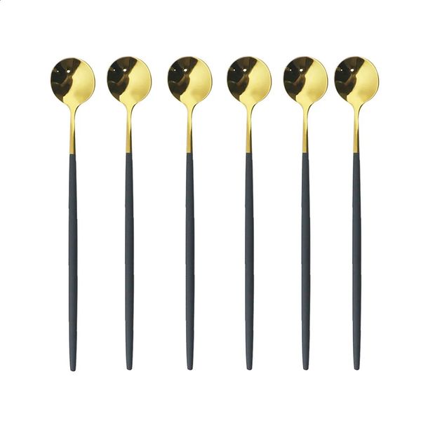 6 ice spoons used for desserts coffee tea stainless steel long mixing black gold dessert bar accessories 240827